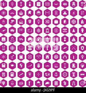 100 history icons hexagon violet Stock Vector