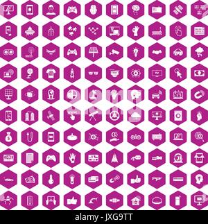 100 hi-tech icons hexagon violet Stock Vector