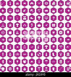 100 hobby icons hexagon violet Stock Vector