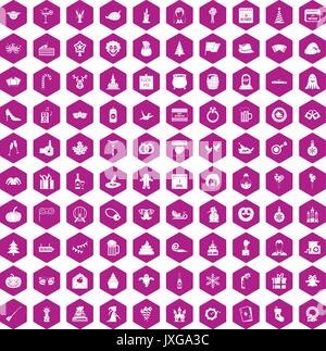 100 holidays icons hexagon violet Stock Vector