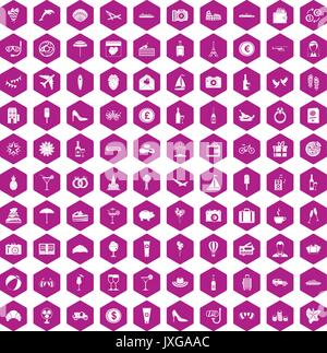 100 honeymoon icons hexagon violet Stock Vector