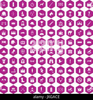 100 horsemanship icons hexagon violet Stock Vector