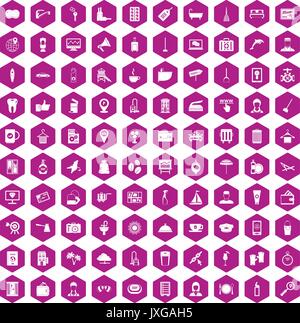 100 hotel services icons hexagon violet Stock Vector