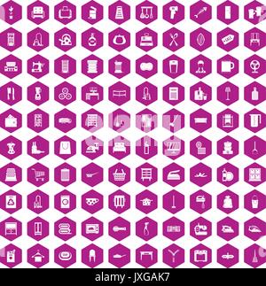100 housework icons hexagon violet Stock Vector