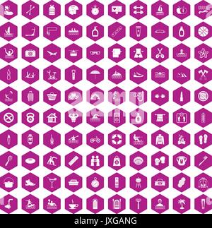 100 human health icons hexagon violet Stock Vector