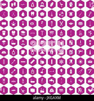 100 hygiene icons hexagon violet Stock Vector
