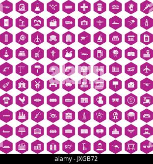 100 industry icons hexagon violet Stock Vector