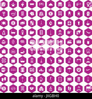 100 inn icons hexagon violet Stock Vector