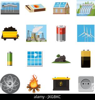 Energy sources items icons set, cartoon style Stock Vector