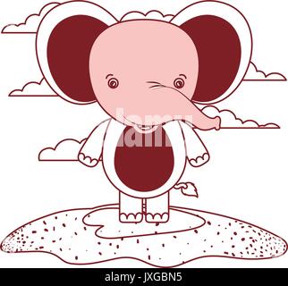 white background with red color silhouette sections of scene cute elephant animal in grass