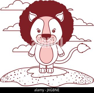 white background with red color silhouette sections of scene cute lion animal in grass