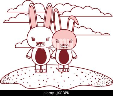 white background with red color silhouette sections of scene cute rabbits animals in grass Stock Vector