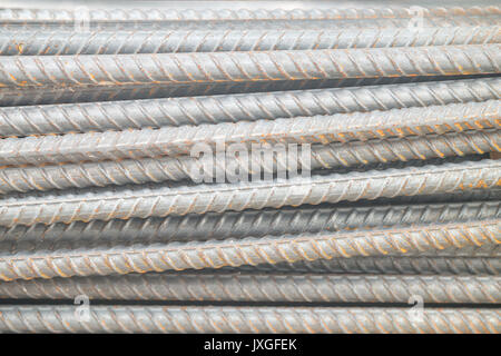 Rebar steel bars, reinforcement concrete bars with wire rod used in foundation of construction site. Stock Photo