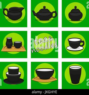 Chinese utensils icon set. Tea and noodles. Stock Vector