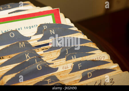 Close-up of vintage index card file holder with copy space Stock Photo