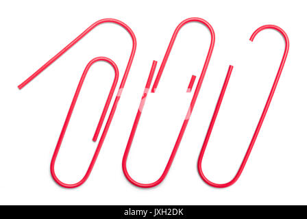 Three Red Paper Clips Variations Isolated on White Background.