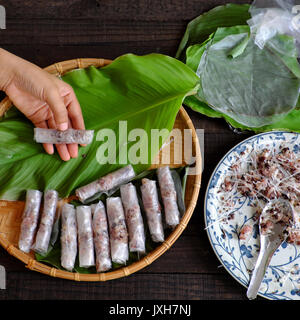 Woman making spring rolls or cha gio at home, homemade food stuffing from meat and wrapper by rice paper, hand rolling Vietnamese egg roll on green Stock Photo