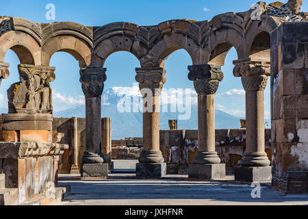 Ruins of the Zvartnos temple in Yerevan, Armenia, with Mt Ararat in the background Stock Photo