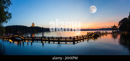 West Lake pagoda at night,Zhejiang Province,China Stock Photo