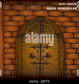 Hand drawn door and brick wall, vector illustration Stock Vector