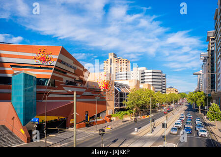 Adelaide, Australia - December 2, 2016: Adelaide Convention Centre and North Terrace trafic viewed towards east from Montefiore road bridge on a brigh Stock Photo