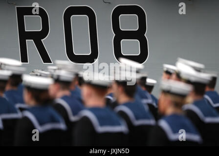 A view of the R08 pennant number on HMS Queen Elizabeth, the UK's newest aircraft carrier, as she arrives in Portsmouth. Stock Photo