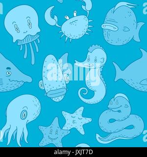 Seamless pattern of cute ocean animal doodles against a blue background, vector illustration Stock Vector