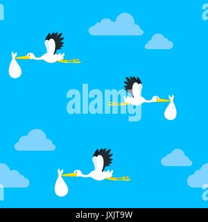 Seamless pattern of flying storks carrying a baby in a white bundle in their beaks against a blue cloudy sky, square format vector illustration Stock Vector