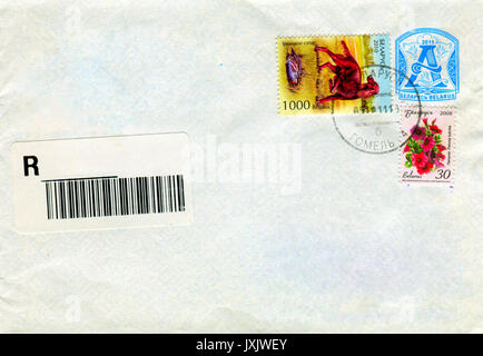 GOMEL, BELARUS - AUGUST 12, 2017: Old envelope which was dispatched from Belarus to Gomel, Belarus, August 12, 2017. Stock Photo