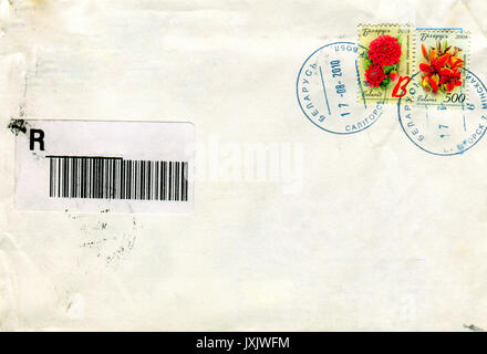 GOMEL, BELARUS - AUGUST 12, 2017: Old envelope which was dispatched from Belarus to Gomel, Belarus, August 12, 2017. Stock Photo