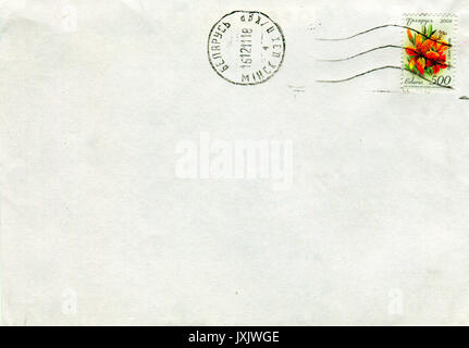 GOMEL, BELARUS - AUGUST 12, 2017: Old envelope which was dispatched from Belarus to Gomel, Belarus, August 12, 2017. Stock Photo
