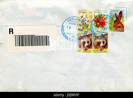 GOMEL, BELARUS - AUGUST 12, 2017: Old envelope which was dispatched from Belarus to Gomel, Belarus, August 12, 2017. Stock Photo