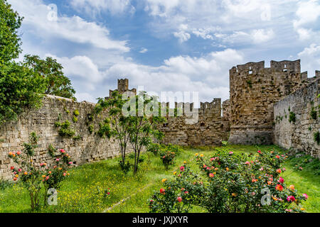 Picturesque walls of the Rhodes old town, close to the Freedom Gate and St Paul's Gate, Rhodes island, Greece Stock Photo