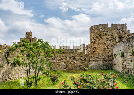 Picturesque walls of the Rhodes old town, close to the Freedom Gate and St Paul's Gate, Rhodes island, Greece Stock Photo