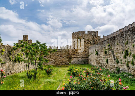 Picturesque walls of the Rhodes old town, close to the Freedom Gate and St Paul's Gate, Rhodes island, Greece Stock Photo