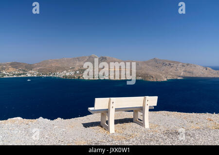 View across Alinta Bay from Profitis Ilias,  Leros, Dodecanese, Islands, Greece. Stock Photo