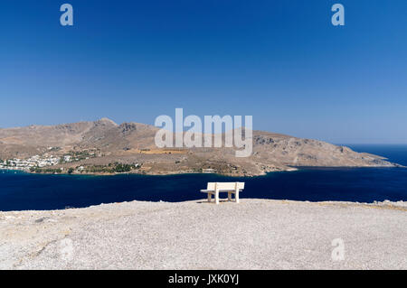 View across Alinta Bay from Profitis Ilias,  Leros, Dodecanese, Islands, Greece. Stock Photo