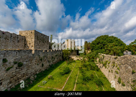 Picturesque walls of the Rhodes old town, close to the Freedom Gate and St Paul's Gate, Rhodes island, Greece Stock Photo