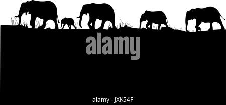 silhouettes of elephants cross africa on black isolated. Stock Vector