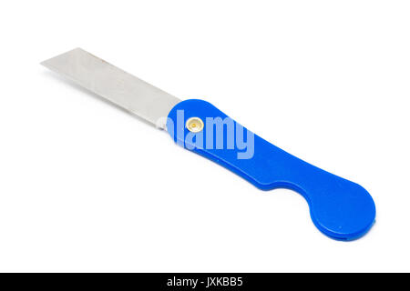 Steel knife pencil sharpener on white background. Stock Photo
