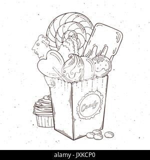 Sweets and candies in paper box. Muffin and chocolate. Vector illustration Stock Vector