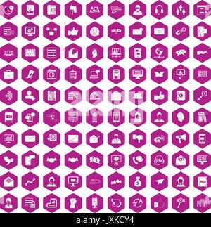 100 interaction icons hexagon violet Stock Vector