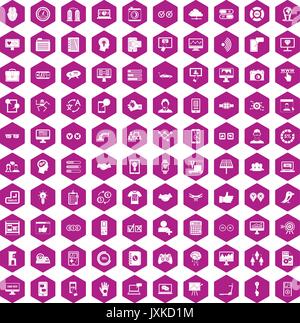 100 interface icons hexagon violet Stock Vector
