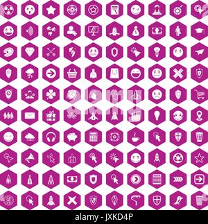 100 interface pictogram icons hexagon violet Stock Vector