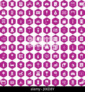 100 interior icons hexagon violet Stock Vector