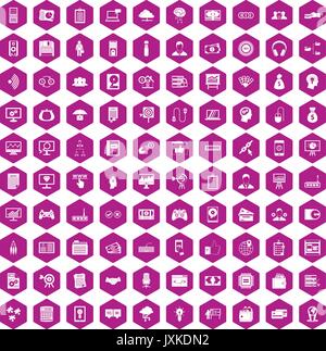 100 IT business icons hexagon violet Stock Vector