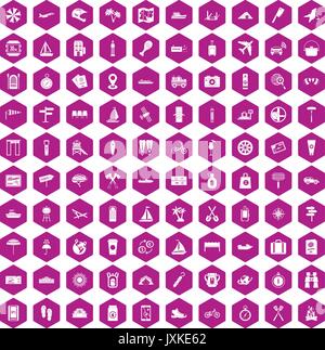 100 journey icons hexagon violet Stock Vector