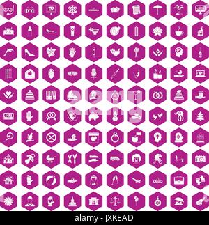 100 joy icons hexagon violet Stock Vector
