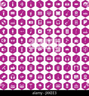 100 karaoke icons hexagon violet Stock Vector