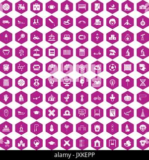 100 kids icons hexagon violet Stock Vector
